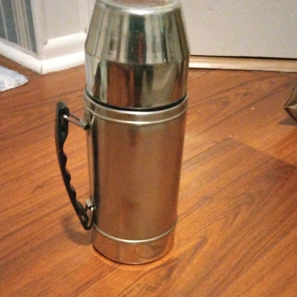 Vintage Silver Thermos with Black Handle